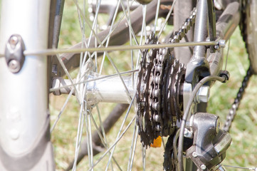 bike wheel on the grass close up