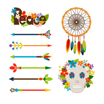 Hippie or boho elements. Vector ethnic set with arrows and skull, floral peace pattern and dream catcher
