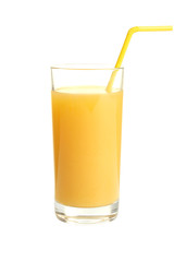 a glass of orange juice on white isolated background
