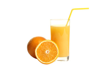 a glass of orange juice on white isolated background with orange