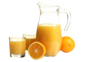 a carafe of orange juice on white isolated background with orange