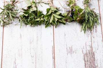 Fresh herbs on wooden background. Mint, thyme, balm and other medicinal herbs