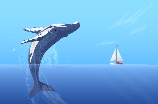 Jump humpback big huge whale near small boat ship yacht. Hidden ocean power.