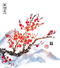Oriental sakura cherry tree in blossom on white background.Traditional oriental ink painting sumi-e, u-sin, go-hua. Contains hieroglyphs - zen, freedom, nature, joy, happiness