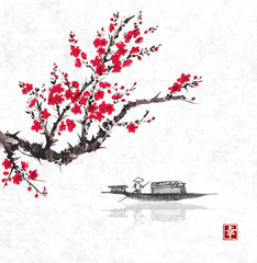 Oriental sakura cherry tree in blossom and fishing boat in water. Traditional oriental ink painting sumi-e, u-sin, go-hua. Contains hieroglyph - happiness.