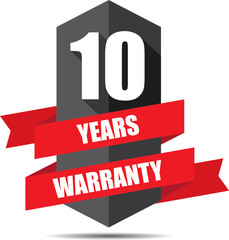10 Year Warranty Promotional Sale Gray Sign, Seal Graphic With Red Ribbons. A Specified Period Of Time.