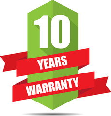 10 Year Warranty Promotional Sale Green Sign, Seal Graphic With Red Ribbons. A Specified Period Of Time.