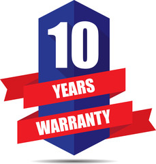 10 Year Warranty Promotional Sale Blue Sign, Seal Graphic With Red Ribbons. A Specified Period Of Time.