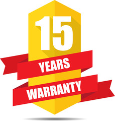 15 Year Warranty Promotional Sale Yellow Sign, Seal Graphic With Red Ribbons. A Specified Period Of Time.