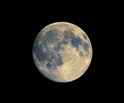 Full moon seen with telescope, enhanced colours to show the real colours of terrain surface - Powered by Adobe