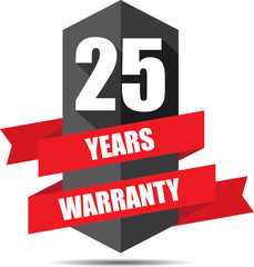 25 Year Warranty Promotional Sale Gray Sign, Seal Graphic With Red Ribbons. A Specified Period Of Time.