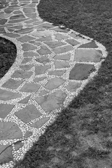 Stones and pebbles walkway in black and white