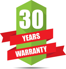 30 Year Warranty Promotional Sale Green Sign, Seal Graphic With Red Ribbons. A Specified Period Of Time.