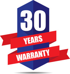 30 Year Warranty Promotional Sale Blue Sign, Seal Graphic With Red Ribbons. A Specified Period Of Time.