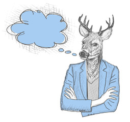 Skech of hipster deer with a empty speech bubble on White Backgr