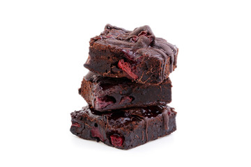 Delicious vegetarian brownie with cherries isolated on white bac