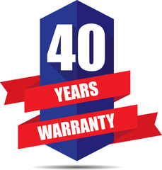40 Year Warranty Promotional Sale Blue Sign, Seal Graphic With Red Ribbons. A Specified Period Of Time.