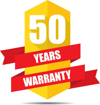 50 Year Warranty Promotional Sale Yellow Sign, Seal Graphic With Red Ribbons. A Specified Period Of Time.