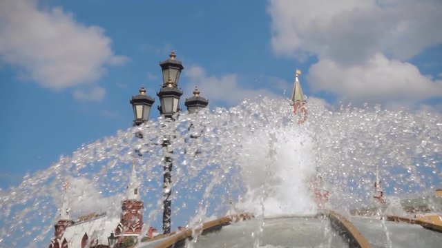 Fountain "World Clock" in Moscow near the Kremlin. S-log - High Dynamic Range. Slow motion, high speed camera, 250fps