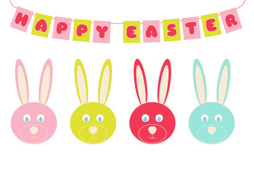 Happy Easter celebration banner with colorful  bunny symbols isolated on white