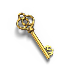 Old dollar shape treasure key in gold, isolated in white, 3D ren