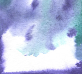 Blue, lilac and green abstract watercolor background. Hand drawn watercolor illustration.