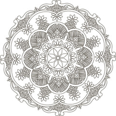 Drawing of a abstract vector with floral round lace mandala, decorative element in ethnic tribal style, black line art on a white background