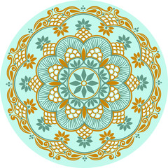 Drawing of a floral mandala in turquoise, blue and light brown colors on a white background