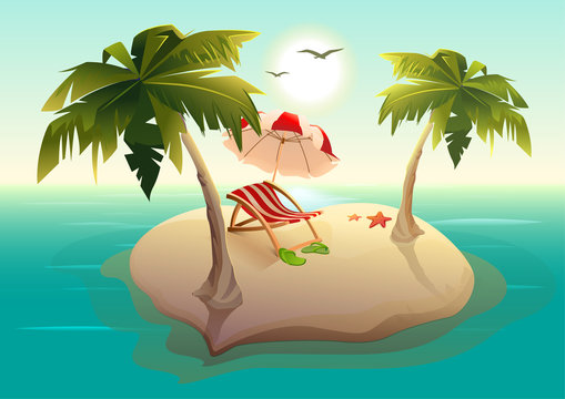 Tropical island in sea. Palm trees, sand, sun lounger and parasol