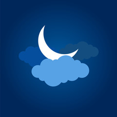 Plakat Mystical Night sky background with half moon, clouds and stars. Moonlight night. Vector illustration.