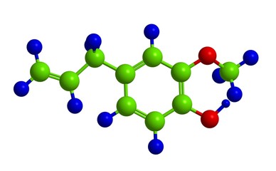 Molecular structure of Eugenol, 3D rendering