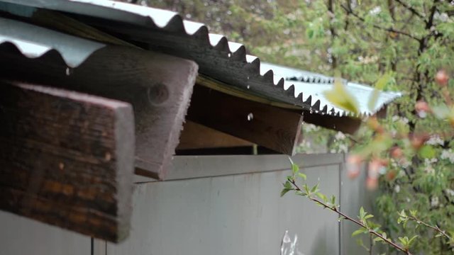 When rain drops fall from the roof edge. Slow motion, high speed camera, 250fps