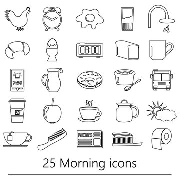 morning wake up theme black outline icons set eps10