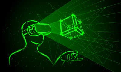 Man wearing virtual reality goggles. Man controls the 3D object by means his hands. Green neon high-tech illustration on a black background.