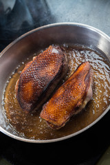 Duck fillet on grille pan. Poultry meat prepared on a grill. Fresh, delicious, spicy dish on a kitchen with copy space closeup and copy space.
