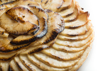 Apple tart background. Traditional french sweet dessert. Delicious, appetizing, homemade pie with slices of fresh fruits. Copy space, closeup
