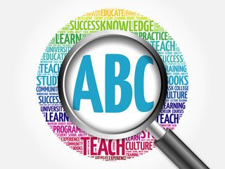 ABC word cloud with magnifying glass, concept 3D illustration