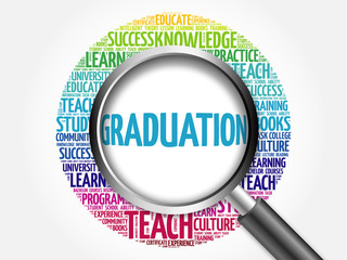 GRADUATION word cloud with magnifying glass, concept 3D illustration