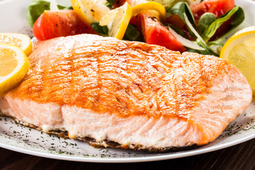 Grilled salmon steak and vegetables