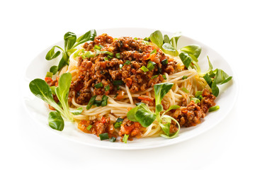 Pasta with meat, tomato sauce and vegetables 