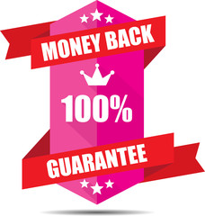 Money back guarantee Promotional Sale Pink Sign, Seal Graphic With Red Ribbons. A Specified Period Of Time.