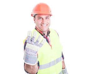 Smiling engineer rising up four finger