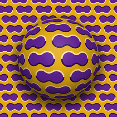 Ball rolls along surface. Abstract vector optical illusion illustration. Purple clouds on golden pattern motion background. Tile of seamless wallpaper.