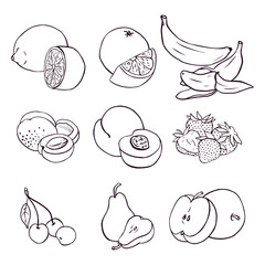 Set of various fruit: banana, peach, strawberry, cherry, pear, lemon, orange, apricot, apple