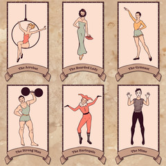 Vintage circus characters set: acrobat, the bearded lady, gymnast, strong man, harlequin, mime © paw