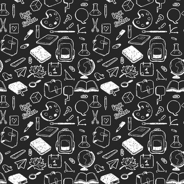 Seamless pattern with various elements for school drawn in chalk on black background. Vector seamless texture for wallpapers, pattern fills, web page backgrounds