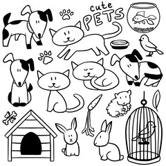 Set of cute hand drawn pets and various elements