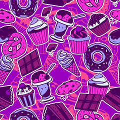 Seamless pattern with sweet food, cakes, chocolate, ice-cream, cookies. Vector seamless texture for wallpapers, pattern fills, web page backgrounds