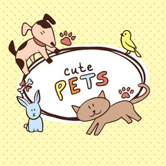 Banner with cute pets: dog, cat, rabbit, bird