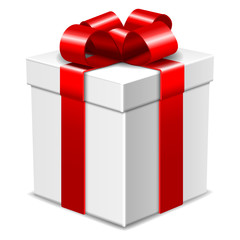 White gift box with red bow isolated on white, vector illustration